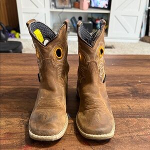 Dan Post Kids Brown Leather Pull-On Cowboy Boots with Yellow Accents